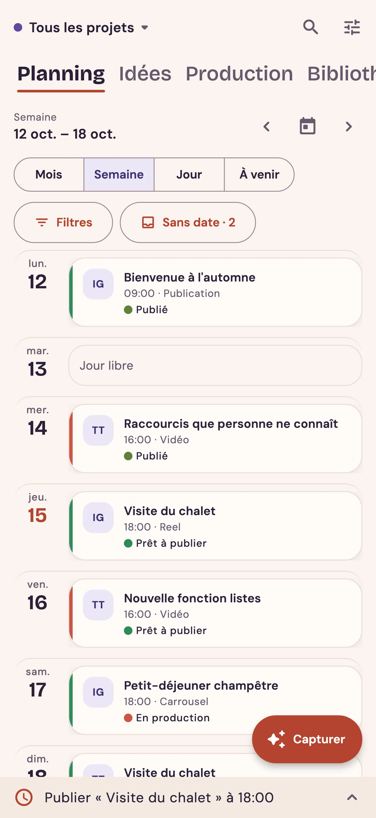 Calendrier de la semaine avec les publications de tous les projets