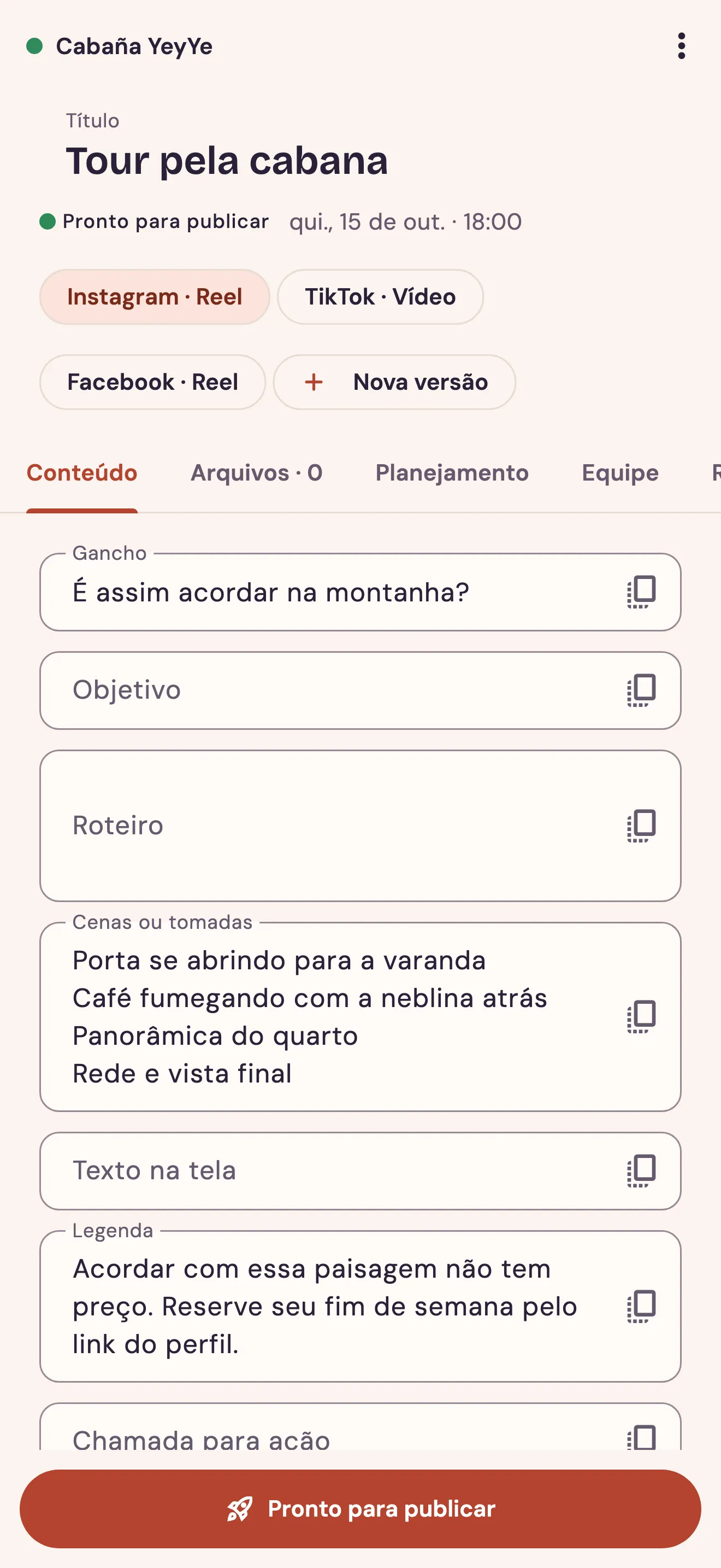 Ficha de uma publicação com as versões para cada rede