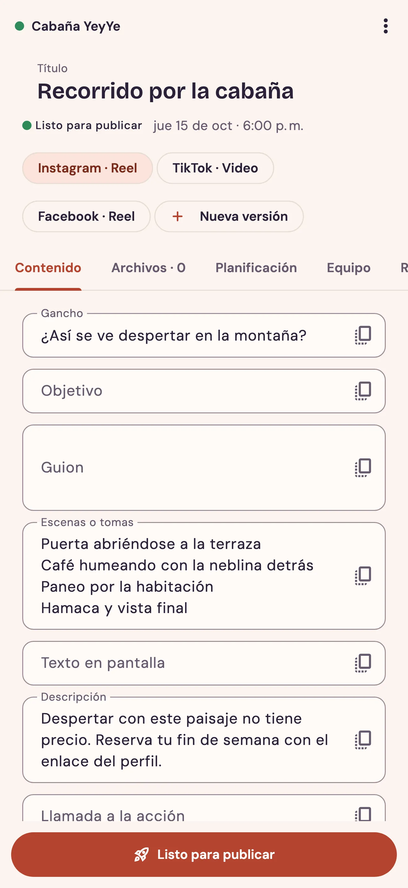 Ficha de una publicación con sus versiones para cada red