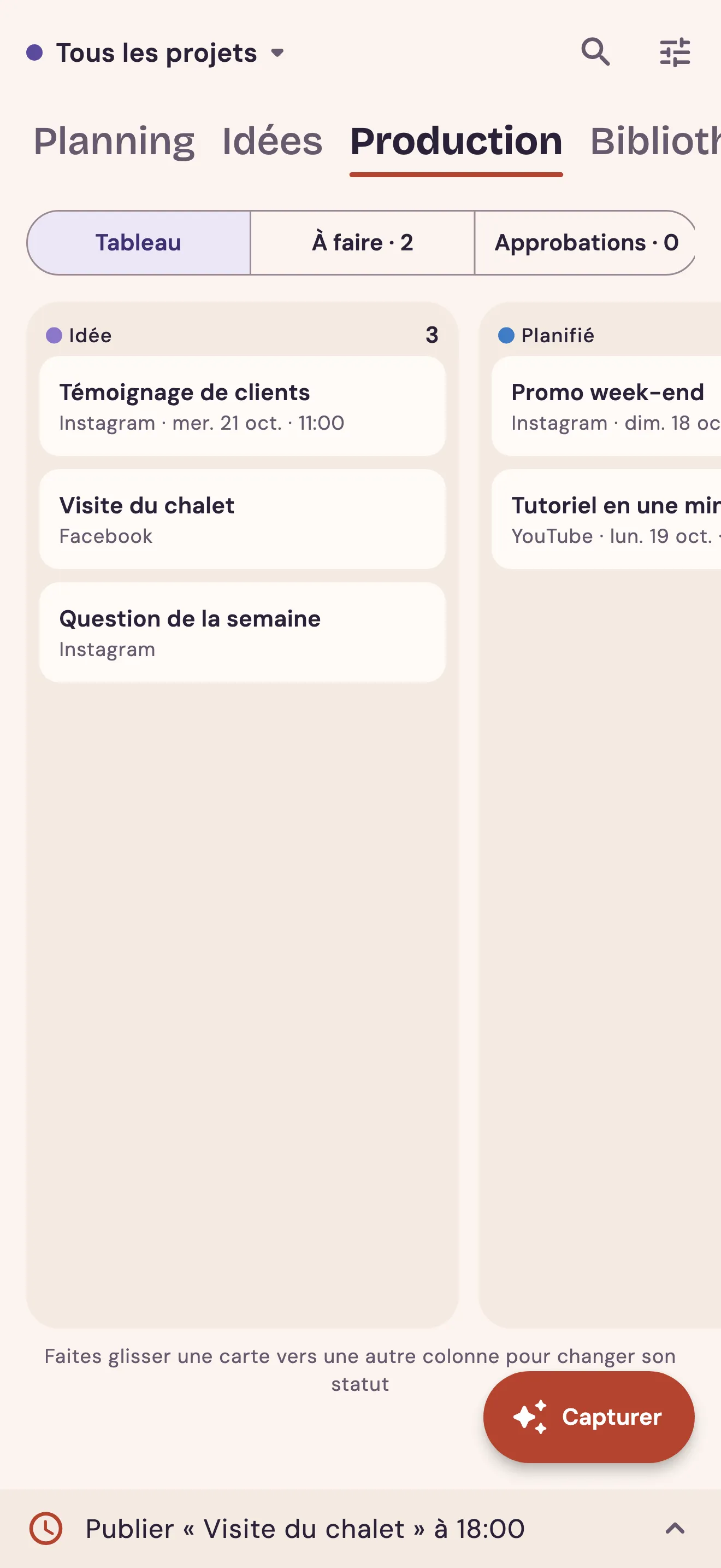 Tableau de production par statut